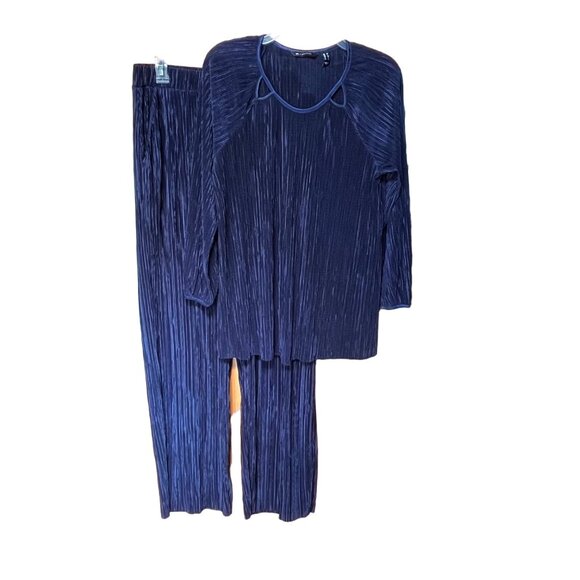 H by Halston Womens Two-Piece Navy Blue Micro Pleat Lounge Pants Set Size Medium - Picture 1 of 9